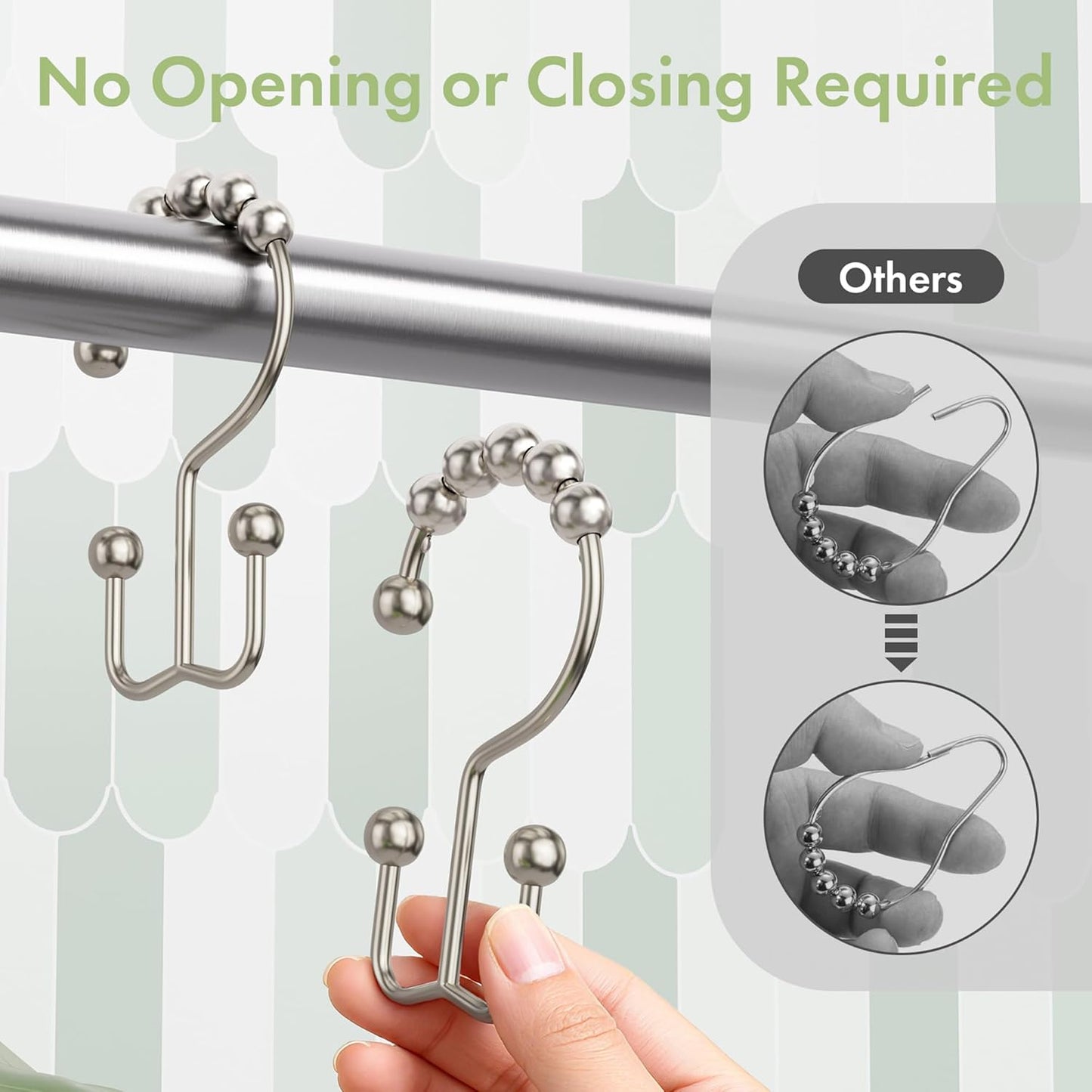 Amazer Shower Curtain Hooks - 12PCS Rust-Resistant Metal Double Rings for Smooth Rolling | Nickel Finish