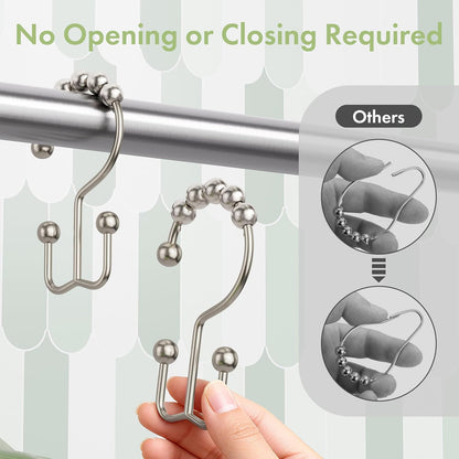Amazer Shower Curtain Hooks - 12PCS Rust-Resistant Metal Double Rings for Smooth Rolling | Nickel Finish