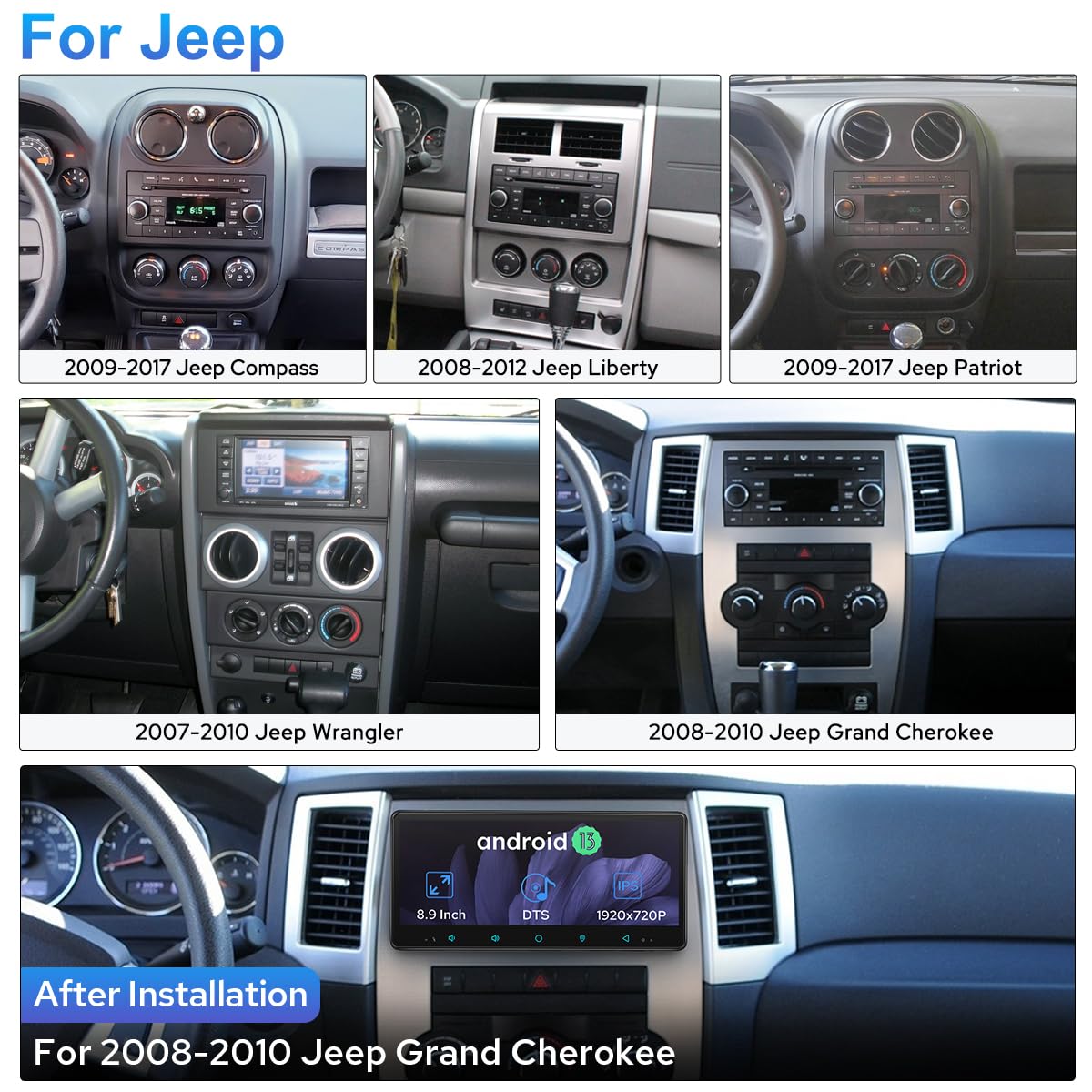 JOYING Car Radio for Jeep Wrangler Jk Patriot Compass Grand Cherokee/Chrysler/Dodge (2007-2017), 8.9" IPS Touch Screen Android 13 Stereo 4gb+64gb with Wireless Carplay, Android Auto(JY-JP102T4)