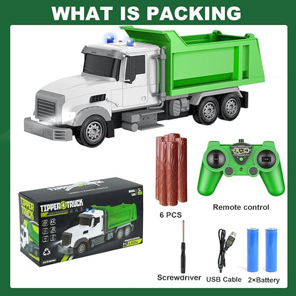 Remote Control Construction Dump Truck Toy RC Vehicle6 Channel Truck Toys with 6 pcs Wood2 Rechargeable Batteries1/24 Scale Dump TrucksBirthday Gifts Ideas for Boys Age 3-8 Year Old