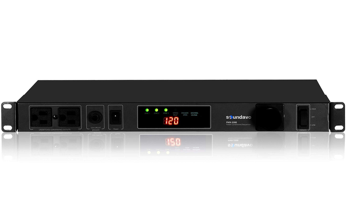 Soundavo PMX-3300 Power Conditioner and Surge Sequencer 10 Protected Outlets and 3 Zones 15A with LED Voltmeter Display & Pullout Light