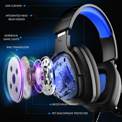 Jimonyer Gaming Headset for PC/PS4/PS5/Xbox One/Switch, Stereo Surround Sound Gaming Headphones with Noise Canceling Flexible Mic, Computer Headset with 3.5mm Jack & RGB Light(Blue)