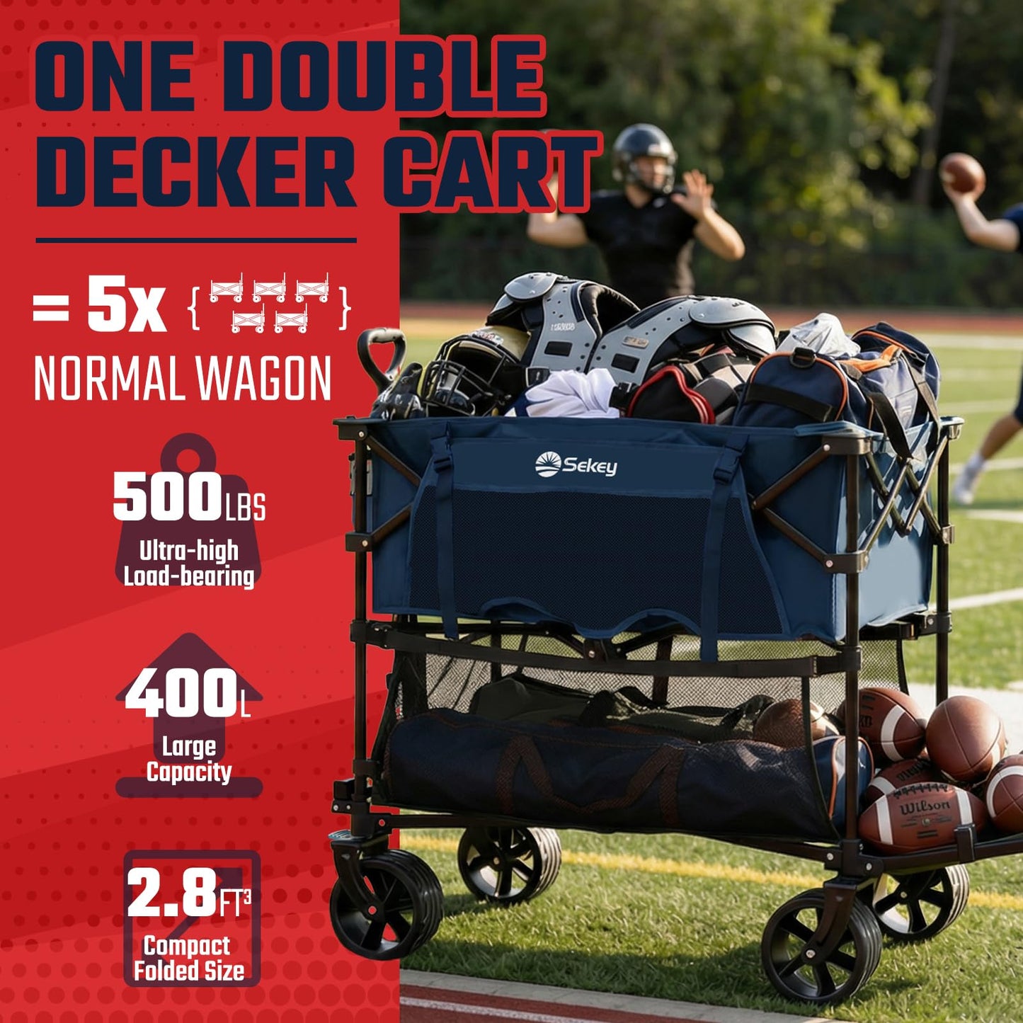 Sekey 500LBS Heavy Duty Double Decker Wagon with Extender, 400L Large Capacity Collapsible Garden Cart Fits 10x10 Canopy, All-Terrain Big Wheels with Brakes, Foldable Utility Wagon for Sports, Camping