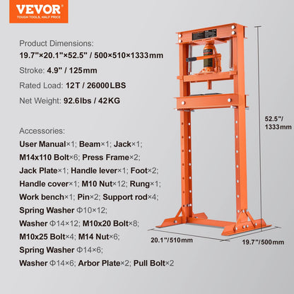 VEVOR Hydraulic Shop Press, 12 Ton/26000lbs, H-Frame, 4-Hold Adjustable Height, with Movable Plates, for Garage or Professional Users, Orange