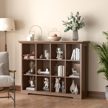 OSCHF Cube Shelf Bookcase with Base - Wooden 3 Tiers Floor Standing Low Storage Cabinet for Home and Office, 12-Cube Lattice Bookshelf, Walnut