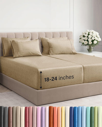 Skiennix Extra Deep Split King Sheet Set - 7 Piece Breathable Cooling Bedding - Luxury Soft Wrinkle-Free Heathered Tan