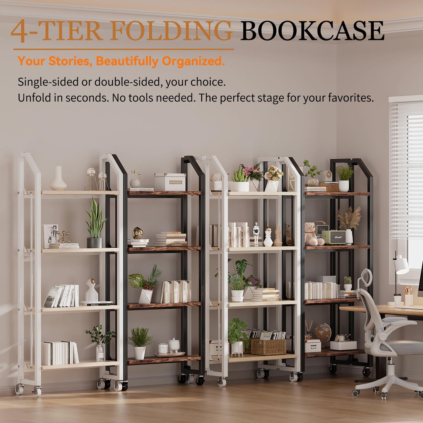 VYRIVA No Assembly Double-Sided Folding Bookshelf for Living Room, 4 Tier Collapsible Book Shelf for Home Office, Portable Bookcase Storage Organizer