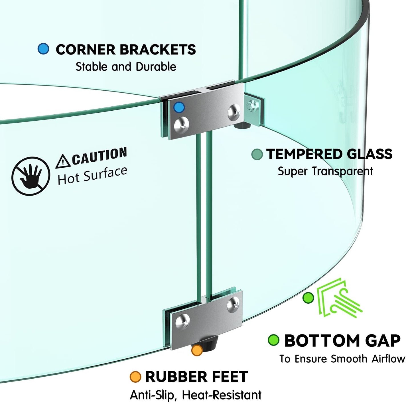 Skyflame 24" Round Fire Pit Glass Wind Guard, Thick & Clear Tempered Glass Flame Shield with Bracket & Feet, Fit for Outdoor Propane/Natural Gas Fire Pit/Table