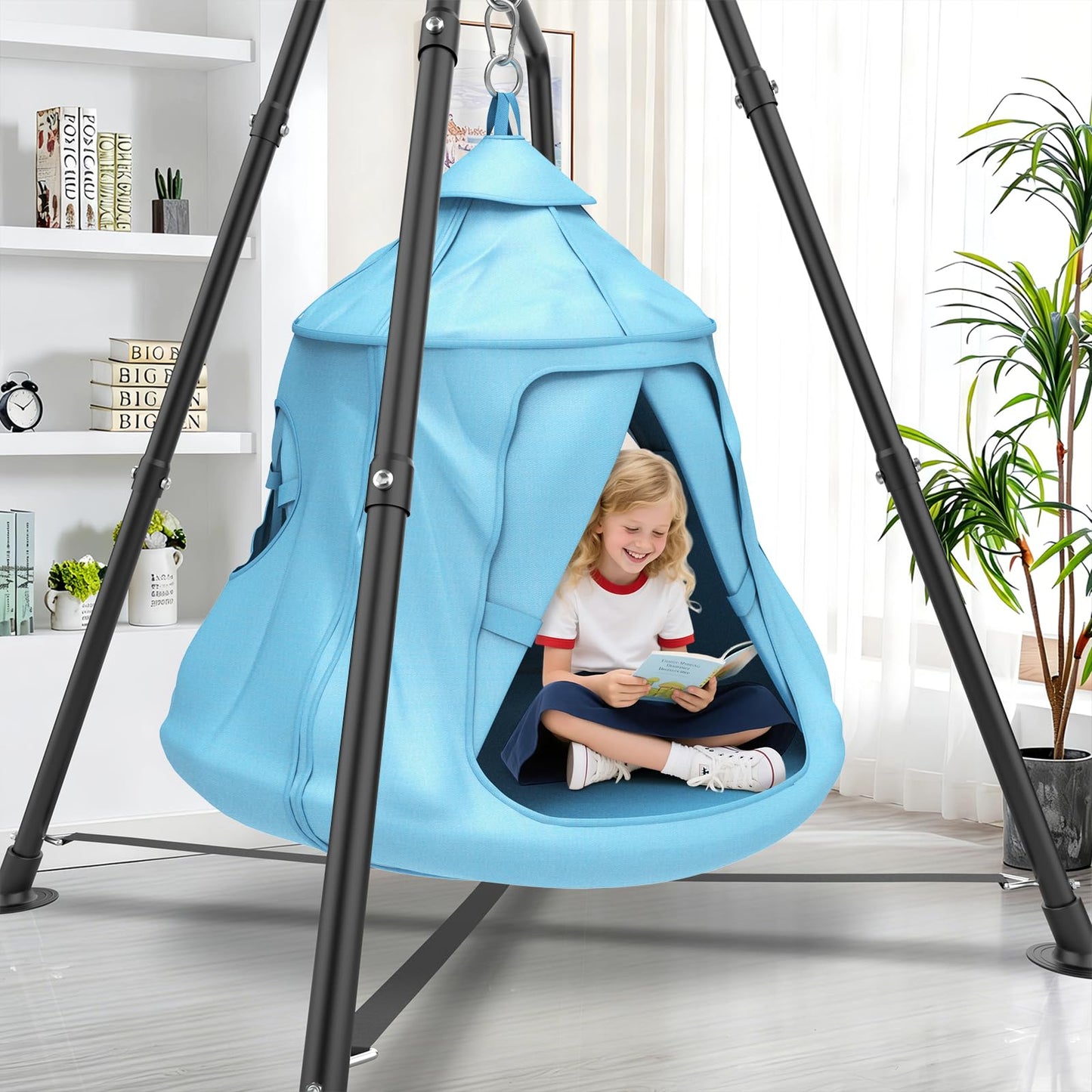 Swing Set with Tent Swing, Hanging Tree Tent w/Swing Frame, X-Shaped Swing Stand with Tent Swing, Tent Swing Chair, 330 lbs, w/Rainbow Lights String, Indoor Outdoor Use (Light Blue)