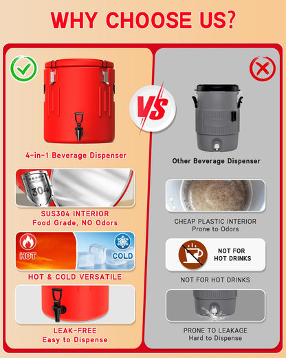 Insulated Beverage Dispenser 6.5 Gallon, Hot Drink Dispenser with Stainless Steel Interior & Spout, Cold & Hot Water Dispenser, Portable Water Cooler, Outdoors Water Jug for Camping Party Sports,N4