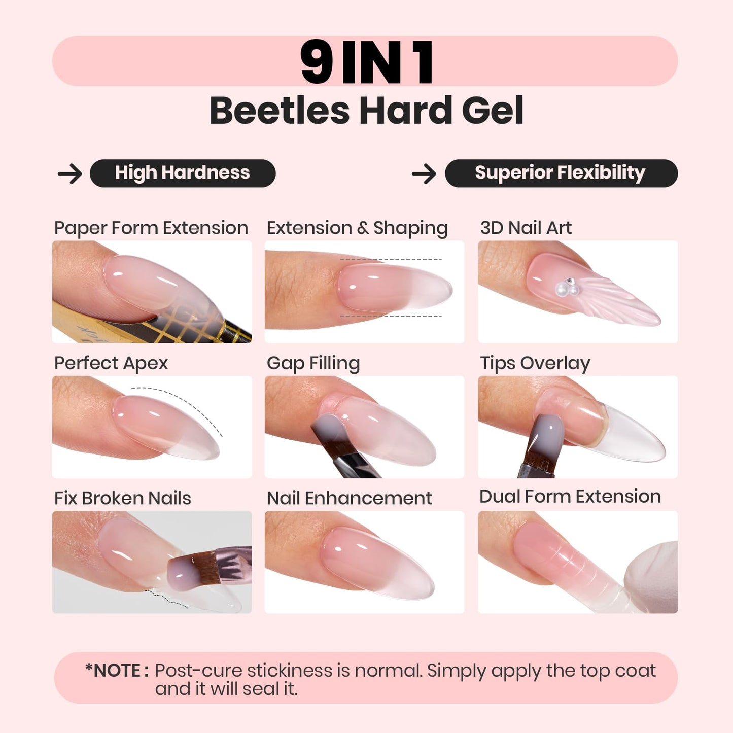Beetles Hema Free Hard Gel for Nails,2.12 oz 9 in 1 Hard Gel for Nail Extension & Strengthening Broken Nail Repair with Flat Brush 100 Pcs Nail Forms UV LED Lamp Cured Salon Nail Technicians Women