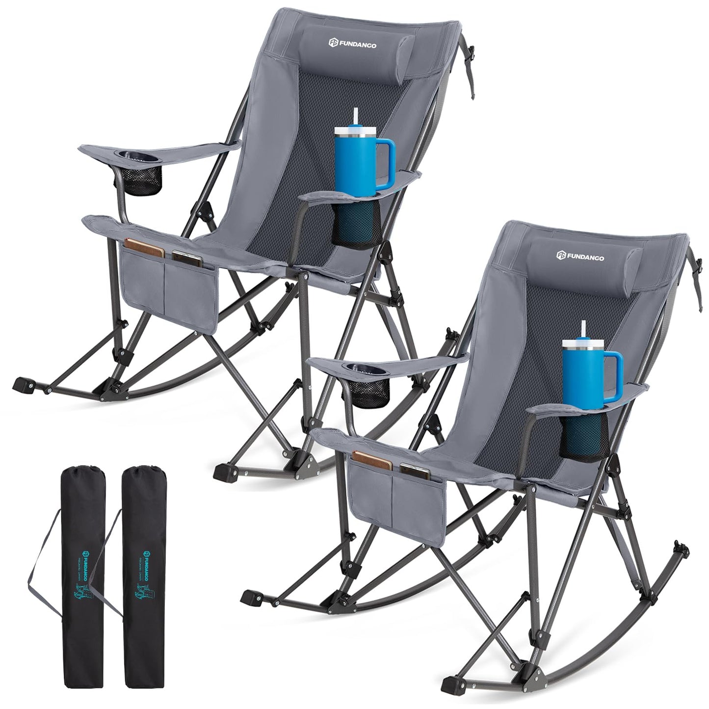 FUNDANGO Oversized Rocking Camping Chair for Adults, 2 Pack Portable Folding Lawn Chairs for Outside with Pillows, Wide Armrest, 2 Cup Holders, Carry Bag for Patio Garden Outdoor Supports 400Lbs(Gery)