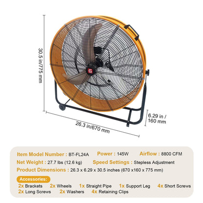 GarveeTech 24 in Industrial High Velocity Drum Fan, 8800 CFM High Velocity Floor Fan With 3-Speed Control, 360° Tilt Portable Air Circulator for Warehouse, Garage, Basement