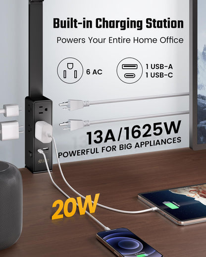 SUPERDANNY LED Desk Lamp with Power Strip, 6 Outlets, USB & Type-C, Large, Black, Model SDDL02