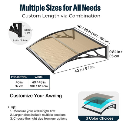 NEBAIKA Awning for Outside, 40x40 UV-Resistant Rain and Snow-Proof House Overhang Canopy, Polycarbonate Door Awnings Exterior for Outdoor Patio, Porch, Deck, Window