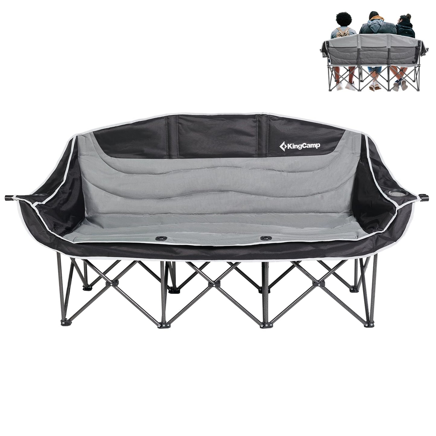 KingCamp 3 Person Camping Chair, Oversized 1100lbs Heavy Duty Loveseat for Adults Portable Folding XL 2 Person Couch Padded Comfortable Three Seat with Cup Holder for Outdoor Lawn Backyard, Black/Grey