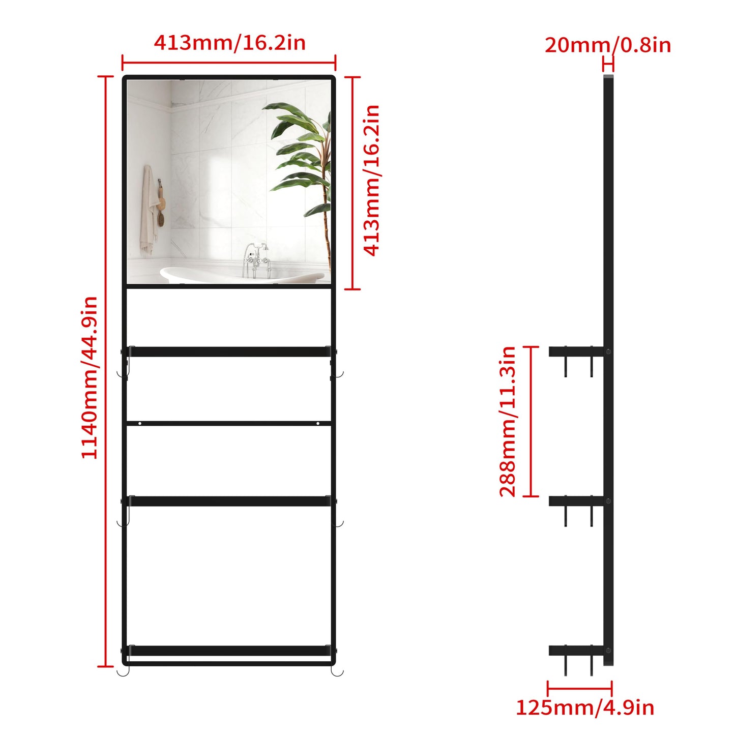 WONSTART 45" X 16" Black Wall Mirror with Shelf and Hooks, Rectangle Mirror for Wall, 3 Trays and 12 Removable Hooks,for Living Room, Hallway, Bedroom (Black-Square)