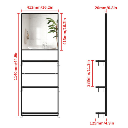 WONSTART 45" X 16" Black Wall Mirror with Shelf and Hooks, Rectangle Mirror for Wall, 3 Trays and 12 Removable Hooks,for Living Room, Hallway, Bedroom (Black-Square)