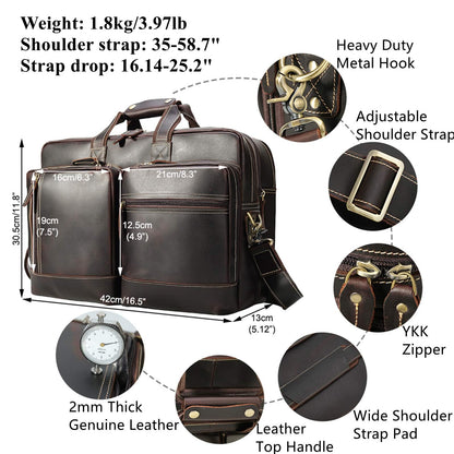 Masa Kawa Leather Briefcase for Men Expandable Large Vintage 17 Inch Laptop Messenger Bag Crossbody Shoulder Business Travel Duffel Bags Attache Case