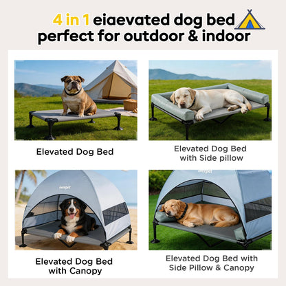 iweepet 4 in 1Elevated Dog Cot with Removable Canopy & Bolster Pillows for Extra Large Dog,Cooling Raised Outdoor Dog Bed with Breathable Teslin Mesh,Carry Bag for Camping,Patio, Backyard, 52''