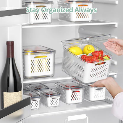 Skiennix Fruit Storage Containers - Airtight 8-Pack with Removable Colander & Divider Plate | Keep Berries Fresh