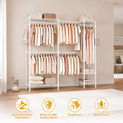 Kryonix Expandable Heavy Duty Garment Rack, 900lbs Freestanding Clothes Rack with 5 Hanging Rods & 6 Shelves, Adjustable Width(70''-88.2'') Metal Wardrobe Closet for Bedroom, Laundry Room, White