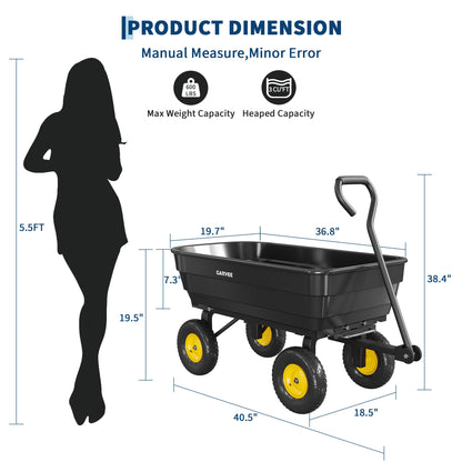 GarveeLife Poly Garden Dump Cart, 600 lb Wheelbarrow Yard Cart with 10 in Wheels, Quick-Dump & Towable Utility Wagon for Yard, Soil, Rocks（Black）