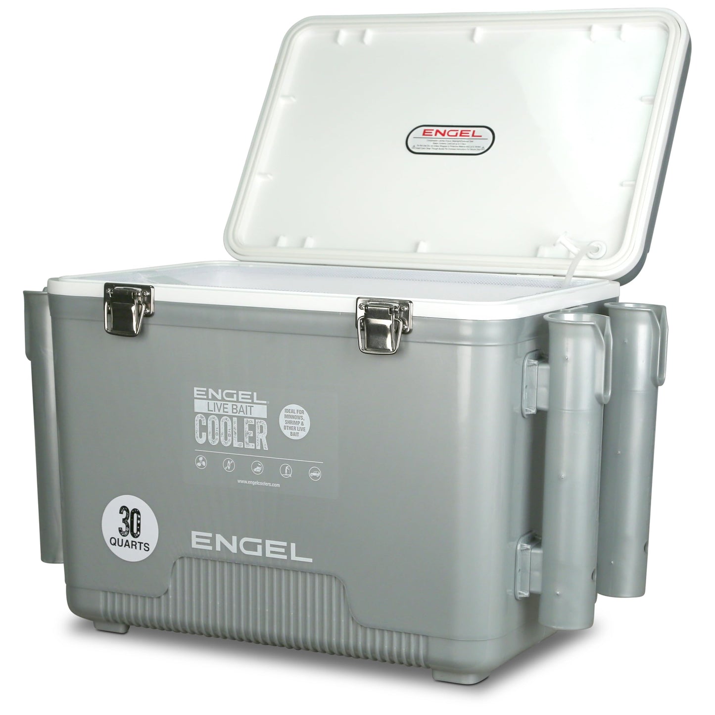 ENGEL 30 Quart Live Bait Cooler PRO for Fishing - Portable Minnow and Bait Bucket with Lithium-Ion Rechargeable Aerator with 4 Rod Holders - Silver (30QT)