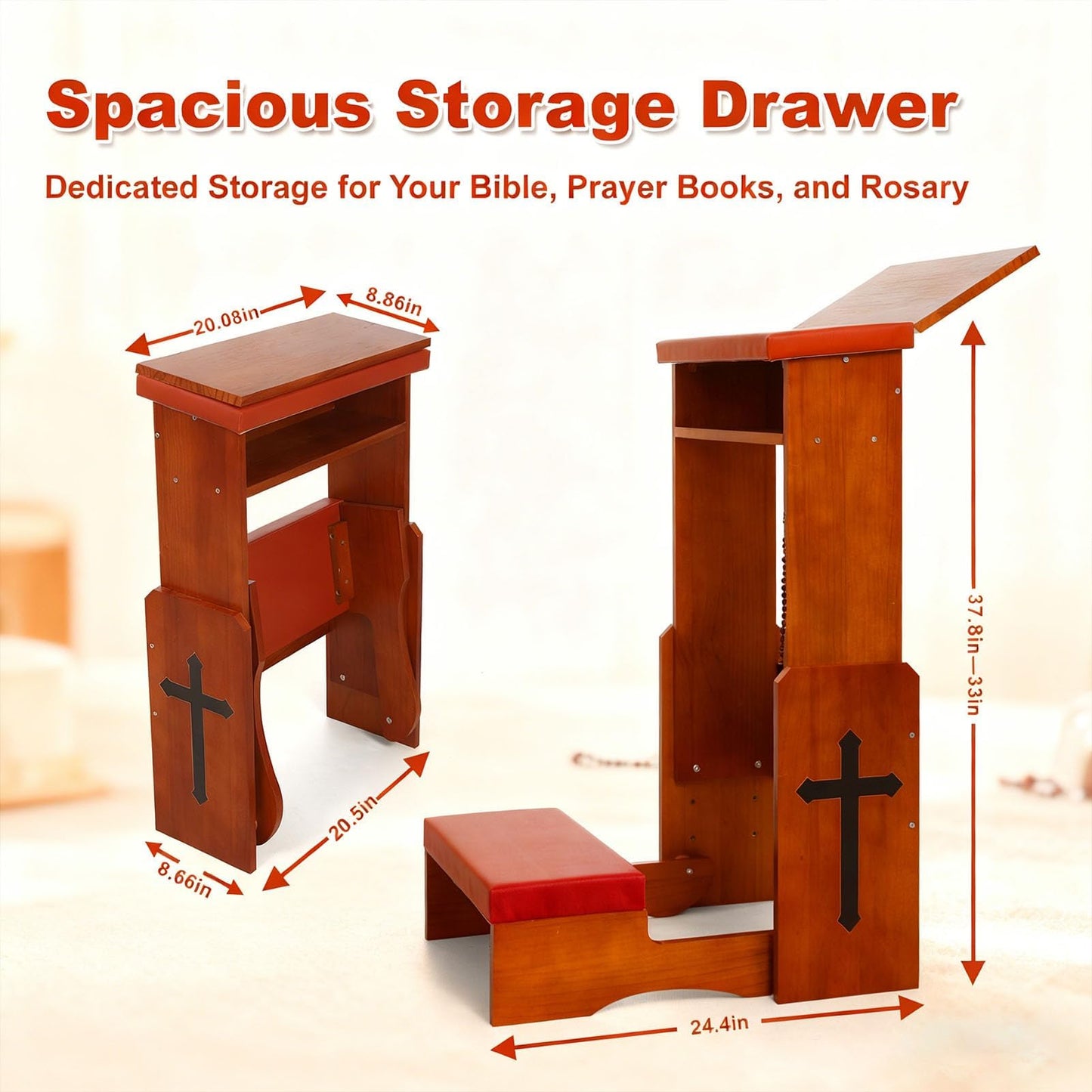 Fanwer Folding Prayer Bench for Home Use - Adjustable Wooden Kneeler for Prayer & Meditation, Compact Kneeling Altar with Bookshelf, Ideal for Church, Chapel, or Personal Devotion
