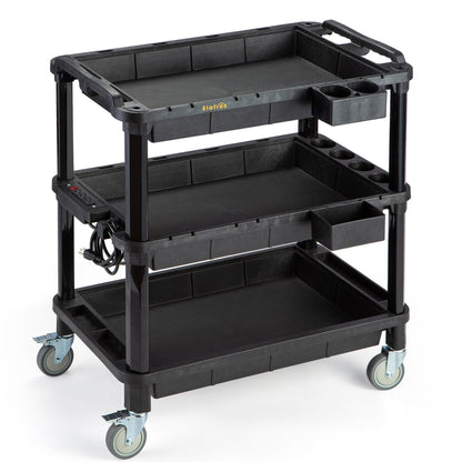 ELAFROS Multi-Use Rolling Cart with Power Strip – Industrial-Grade Plastic Utility Cart with 3 Deep Plastic Shelves, 500 lbs Capacity, 32.4"x18.3", Work cart, Black