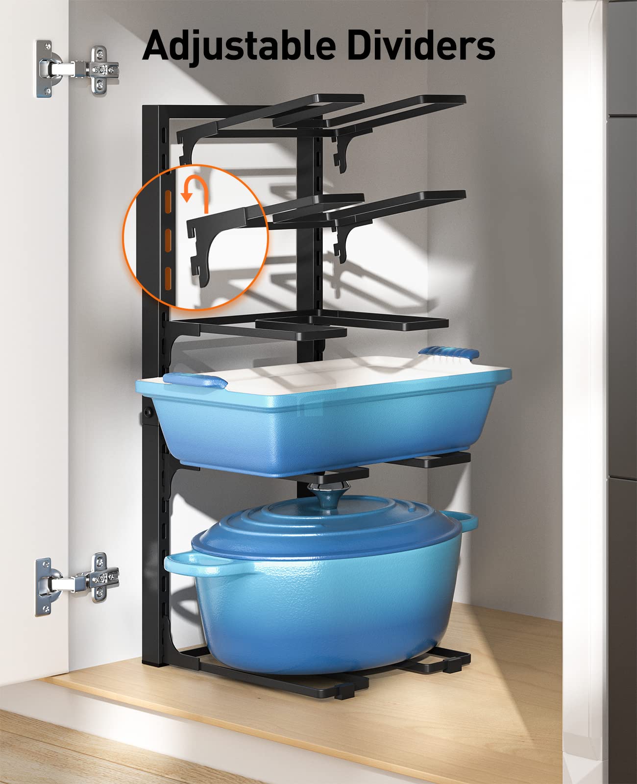 ORDORA Pots and Pans Organizer for Cabinet 16.61'' Height, 8 Tier Pot Organizers Rack with 3 DIY Methods, Adjustable Pan Organizer under Cabinet Kitchen Organization and Storage