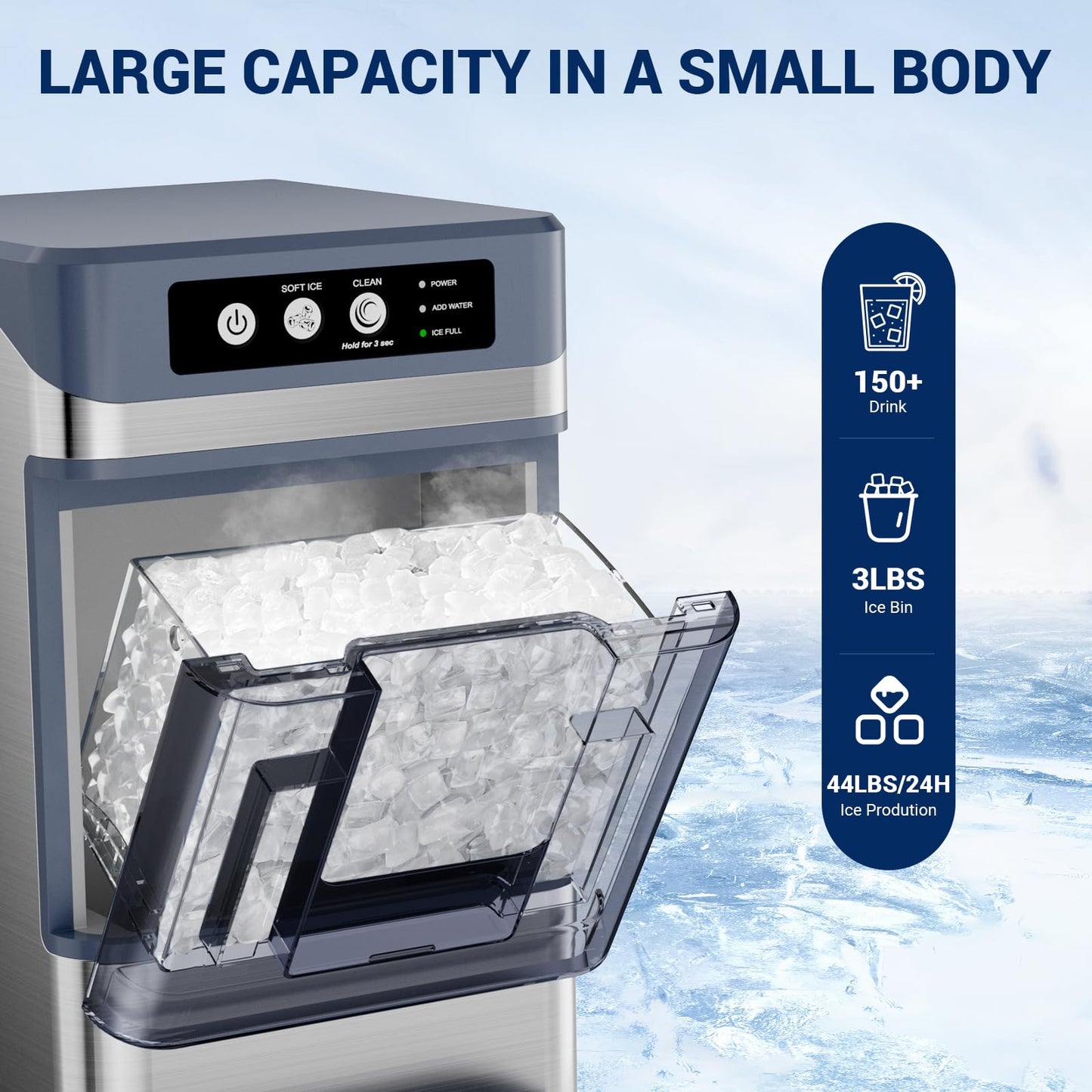 Nugget Ice Maker Countertop, 44lbs/24H with 0.8 Gallon Tank, ETL Approval, Chewable Soft Pellet Ice Ready in 5 Mins, Stainless Steel Countertop Ice Maker with Self-Cleaning for Home, Office, RV