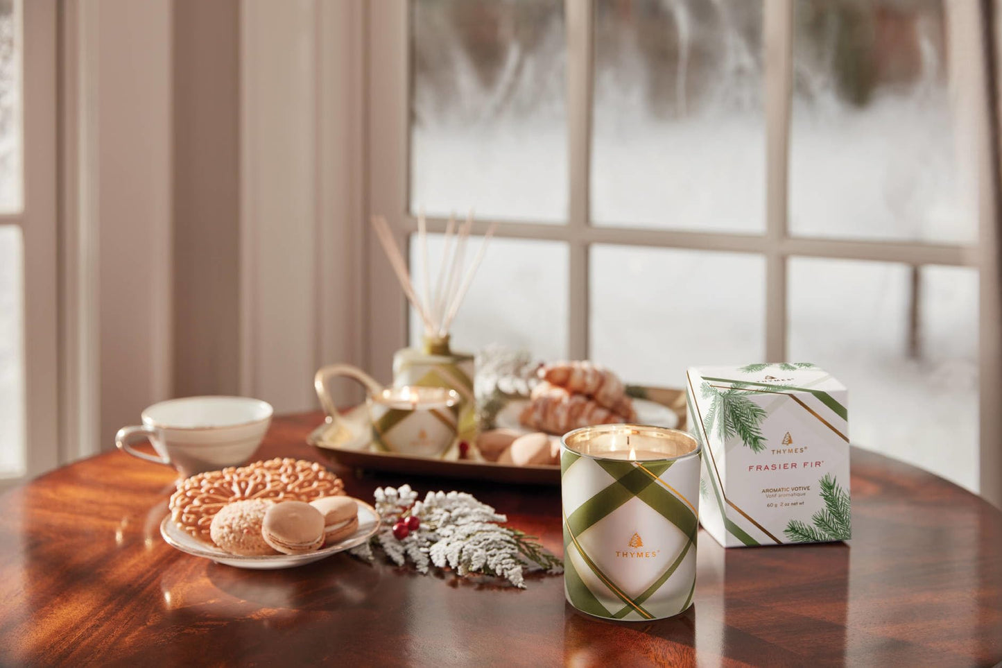 Thymes Frasier Fir Candle – Frosted Plaid Collection – Green & White Glass Jar Design – Scented Candles for Home Decor – Notes of Crisp Siberian Fir, Cedarwood & Sandalwood (Votive, 2 oz)
