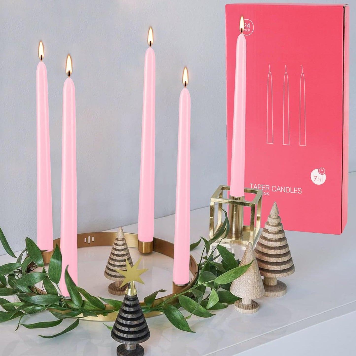 YOROXRG 24 Pack Pink Taper Candles, 7-8 Hours Burn Time, Unscented, Smokeless and Dripless, 0.75 x 10 Inch Dinner Candle Set for Valentine's Day,Household, Wedding, Party and Home Décor Candlesticks