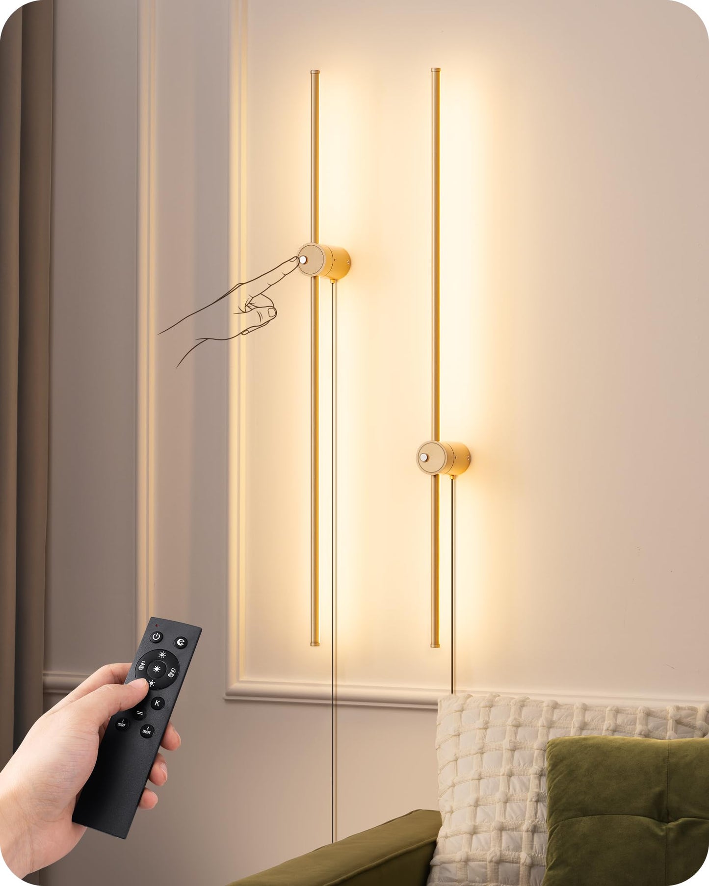 EDISHINE Wall Sconce Set of Two, Dimmable 2700K-6000K LED, 39.4in, Gold, Metal, Touch Control, Remote, 350? Rotation