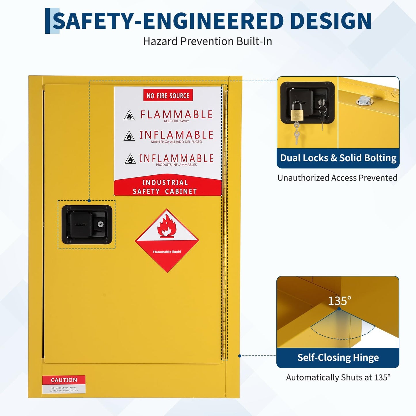 Fire Resistant Flammable Storage Cabinet,Heavy Duty Hazardous Liquid Safety Cabinet with Adjustable Shelf, Cold-Rolled Steel Construction, Spill Containment Tray, Ventilation Holes & Grounding