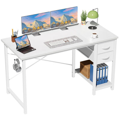 Sweetcrispy 47 Inch Computer Desk with Drawers, Home Office Gaming Desk with X-Shaped Reinforcement, Modern Wood Study Work Table with Side Hook, White