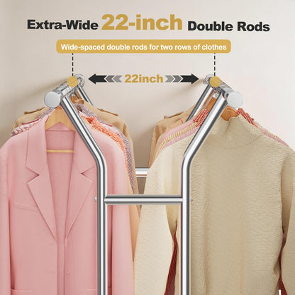 LZNIOZ Heavy Duty Clothes Rack - Load 620 LBS, Rolling Clothing Rack for Hanging Clothes with Lockable Wheels & Shelves, Extendable Double Rod Garment Rack for Bedroom, Laundry, Living Room, Silver