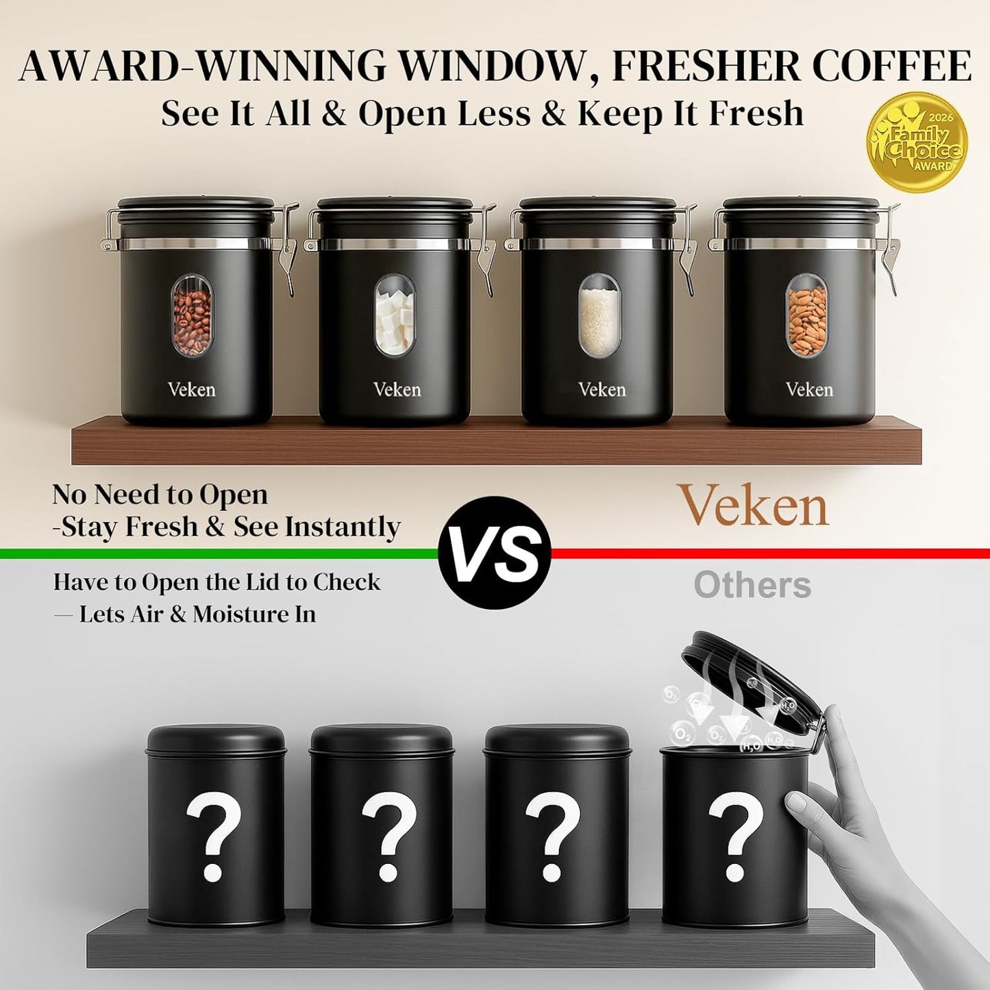 Veken Coffee Canister - Airtight Stainless Steel Container with Window - 22oz Black for Freshness