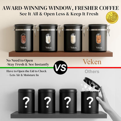 Veken Coffee Canister - Airtight Stainless Steel Container with Window - 22oz Black for Freshness