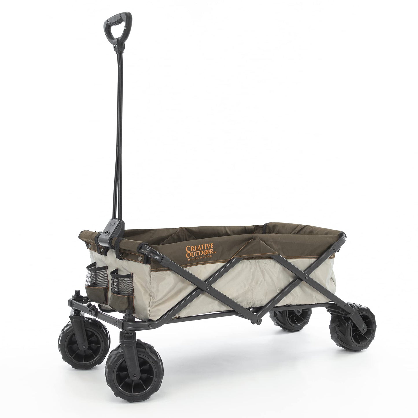 Creative Outdoor Push Pull Collapsible Stroller Folding Cart for Kids and Pets, Suppors upto 150lbs Weight Capacity | Durable Rubber Wheels | All Terrain | Zip-Off Side Pockets & Flap | (Brown/Orange)