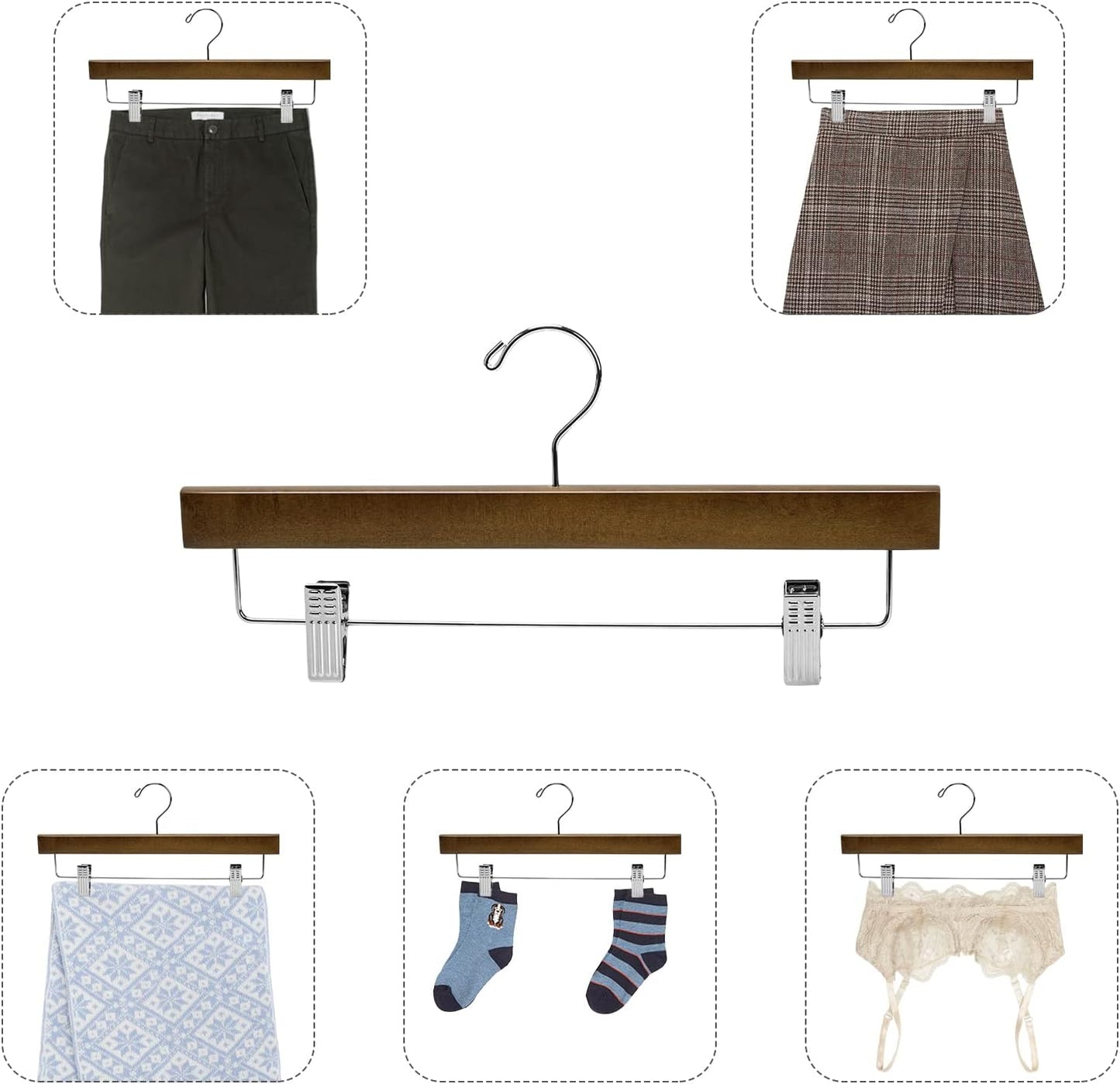 Nature Smile Wooden Pants Hangers with Clips - 10 Retro-Style Trousers Holders