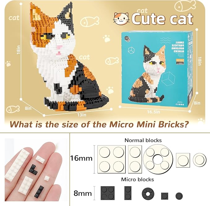QLT QIAOLETONG Cat Mini Building Blocks Cute Animals Sets for Goodie Bags 1300 PCS Micro Mini Building Toy DIY 3D Bricks Kit for Adults Party Favors for Kids Birthday Gift for Boys Girls