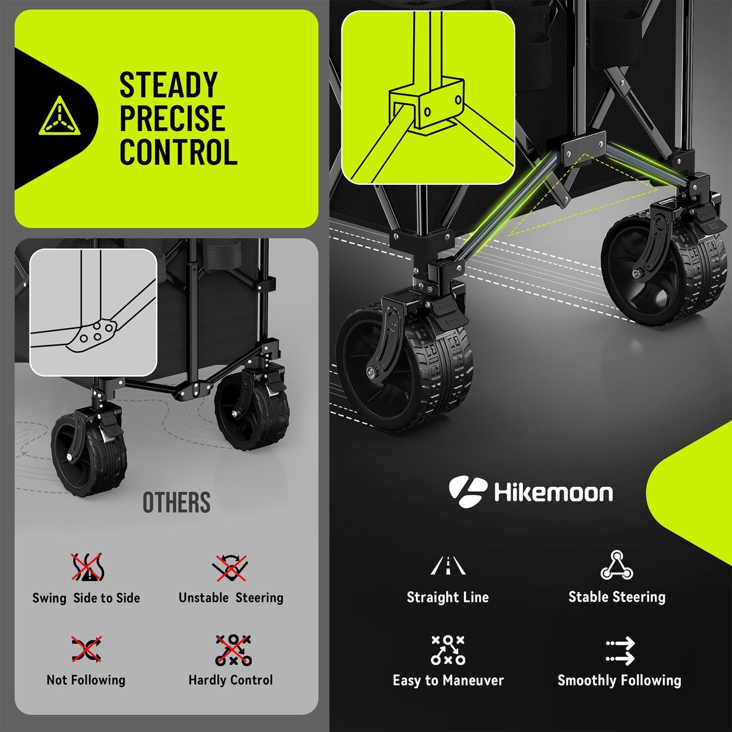 Hikemoon 54" Long Collapsible Wagon 400L Extra Large, Wagons Carts Foldable with Big All-Terrain Wheels, 560LBS Heavy Duty, Utility Folding Cart for Beach, Camping, Grocery, Sports, Garden, Black