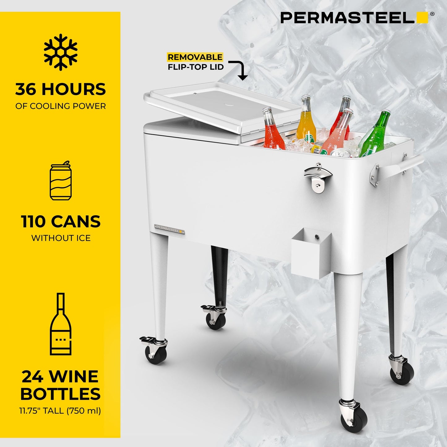 Permasteel Party Cooler with Divider, Spacious 80-Qt Capacity, Chills 36hrs, Serving Tray, Rolling Ice Chest for Indoor and Outdoor Entertainment, Matte White