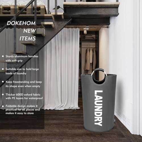 DOKEHOM Large 82L Laundry Basket - Collapsible Freestanding Hamper in Dark Grey
