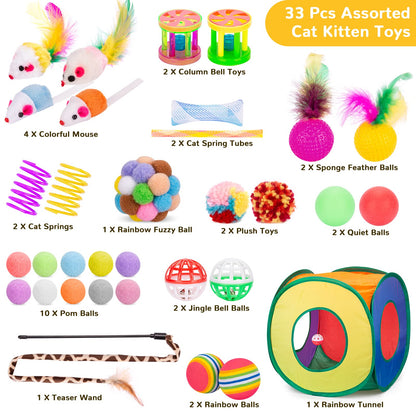 Retro Shaw Cat Toys Bundle 33 Pack, Interactive Kitten Toys for Indoor Cats Kitty with Collapsible Play Tunnel Tube Tent Feather Wand Teaser Bell Fuzzy Ball Springs Mouse Toy