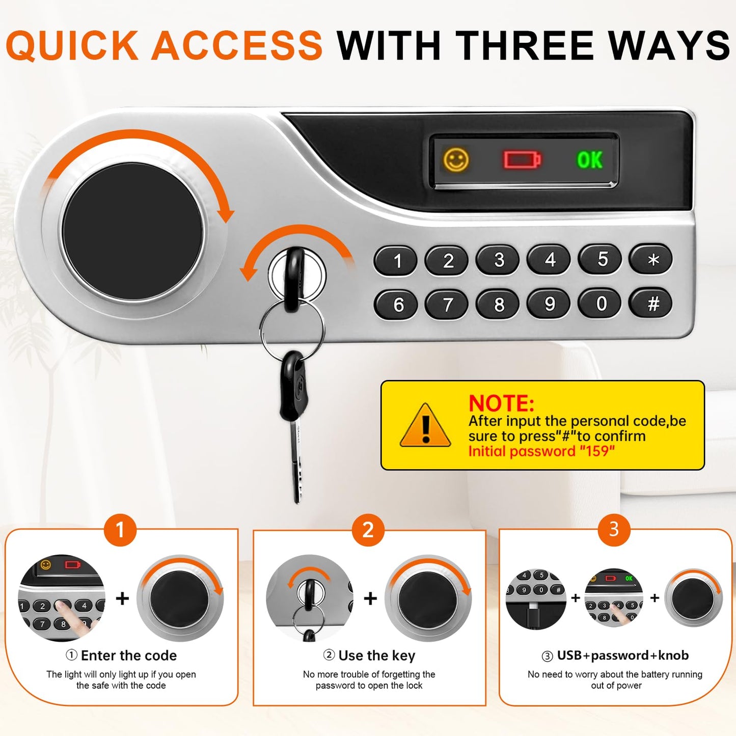 5.2 Cuft Large Fire Safes for Home, Security Safe Box Fireproof Waterproof with Digital Keypad, Key Lock and 3 Removable Shelves, Anti-Theft Fireproof Safe for Document Money Valuables