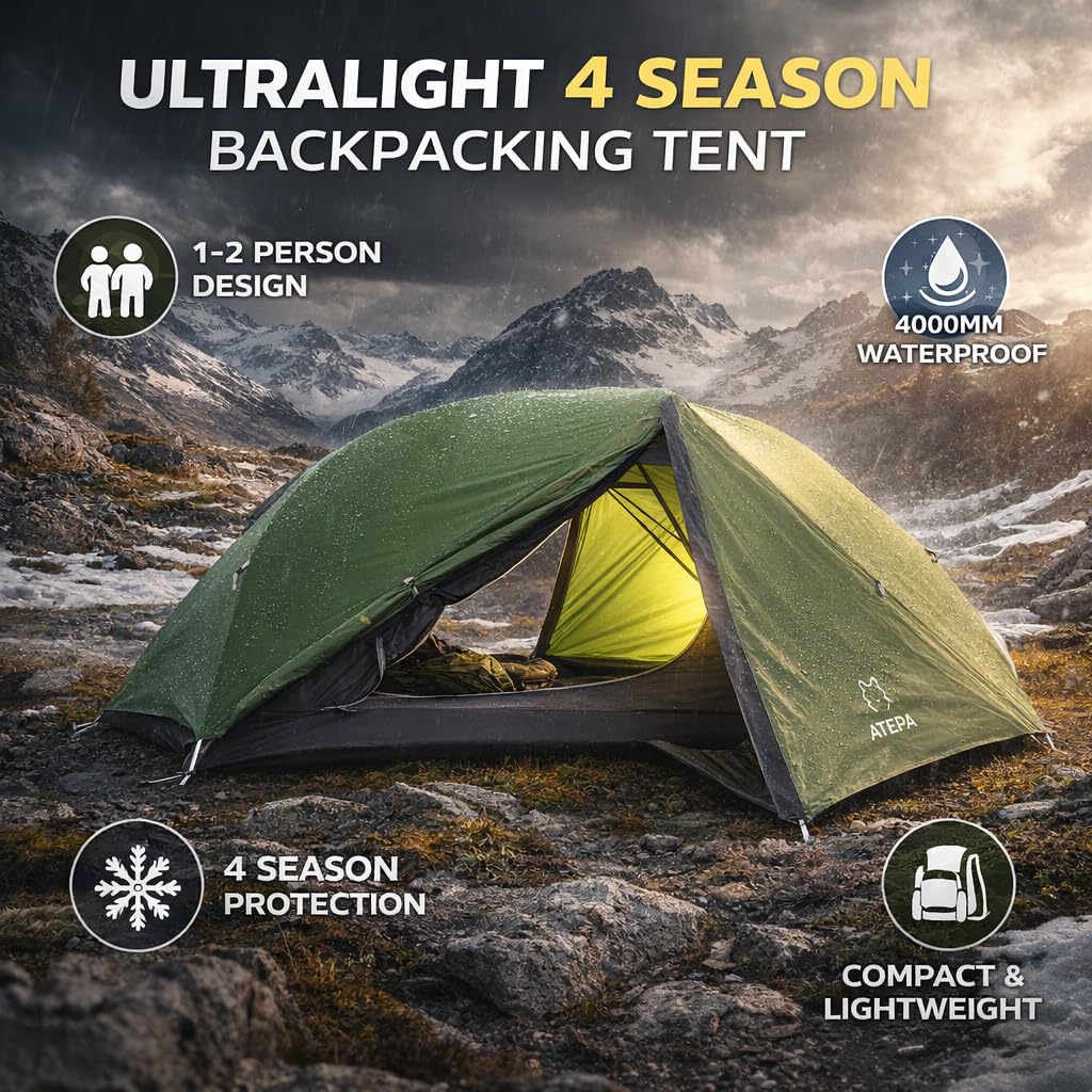 ATEPA Voyage 1 Person Backpacking Tent, Ultralight 20D SilNylon 4 Season Tent, 4000mm Waterproof Freestanding Camping Tent with Dual Doors & Expandable Vestibule for Hiking Bikepacking Mountaineering