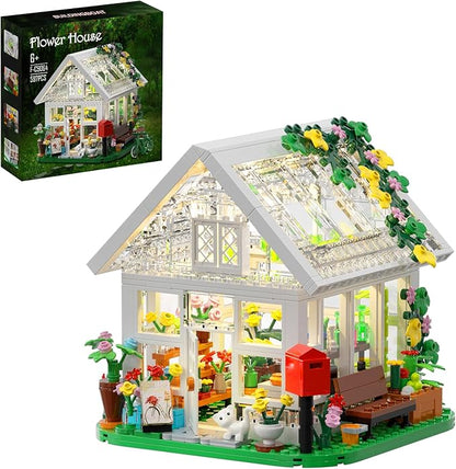 Flower House Building Set Creative Garden Playset Toy with LED Light Build a Greenhouse Model Great Gift for Friends or Girls (597 Pieces)